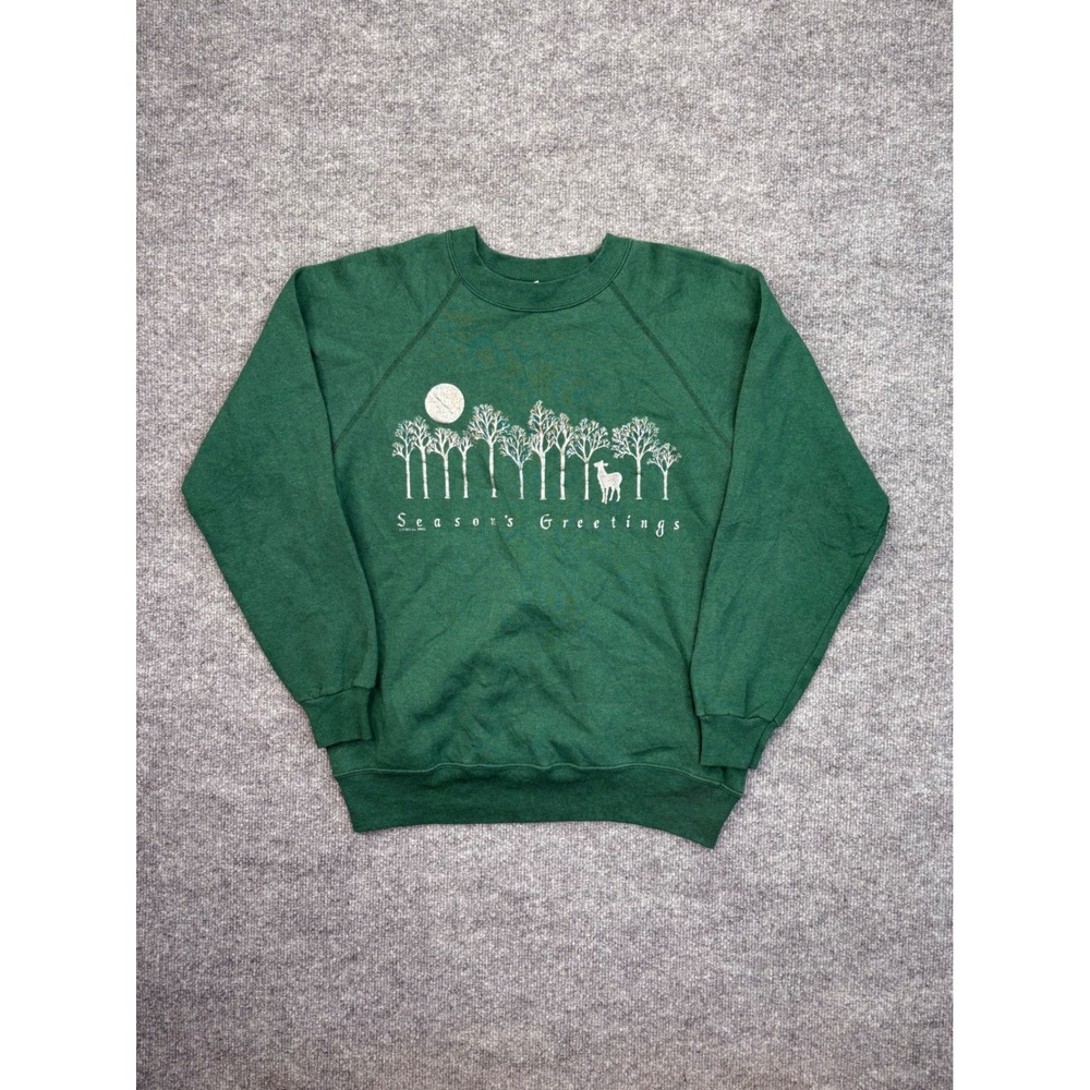 Vintage 1992 Hanes Activewear Green Seasons Greetings Deer Sweatshirt Medium USA